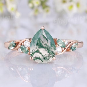 Moss Agate Engagement Ring Women Marquise Moss Agate Leaf Wedding Ring Solid Rose Gold Unique Bridal Ring Nature Inspired Rings For Women