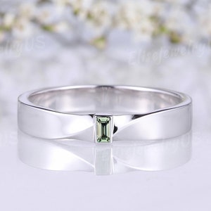 Mens Engagement Ring Baguette Cut Green Sapphire Ring White Gold Wedding Band Infinity Ring Stacking Matching Band Handmade Gift for Men