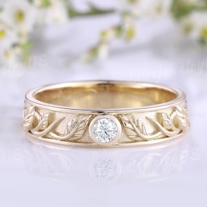 Moissanite Wedding Band Leaf Mens Ring Round Cut Solid Gold Vintage Mens Wedding Band Nature Inspired Floral Anniversary Gift For Men