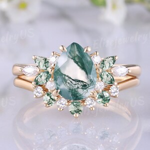 Pear Shaped Moss Agate Engagement Ring Set Moissanite Cluster Ring Unique Wedding Ring Set Nature Inspired Vintage Promise Anniversary Gift