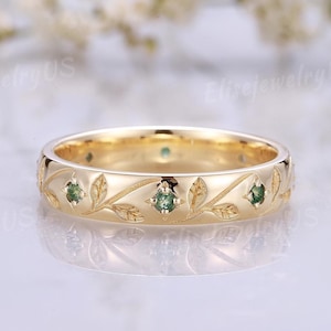 4mm Nature Inspired Leaf Wedding Band, Solid Gold Round Shaped Moss Agate Wedding Ring, Unique Handmade Ring, Anniversary Rings