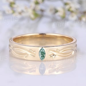 Moss Agate Wedding Band Marquise Cut Solid Gold Dainty Mens Engagement Ring Twig Ring Nature Inspired Ring Anniversary Rings For Men