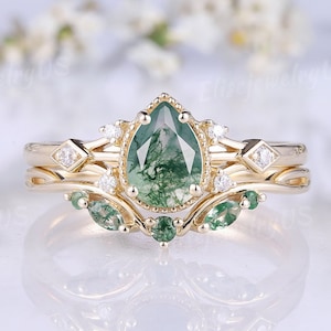 Pear Cut Moss Agate Engagement Ring Set Art Deco Moissanite Solid Gold Ring Marquise Moss Agate Wedding Rings For Women Promise Ring Set