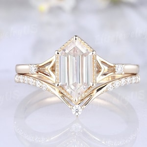 Vintage Moissanite Engagement Ring Set Unique Hexagon Cut 14k Gold Ring Moissanite Wedding Rings Set Art Deco Anniversary Promise Rings