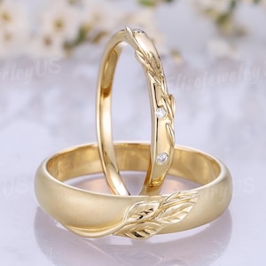 2pcs Leaf Couples Ring Diamond Wedding Ring Set for Men and Women Nature Inspired Engraved Matte Pure Gold Wedding Band Anniversary Rings