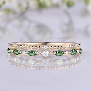 Marquise Cut Green Sapphire Wedding Band 14k Solid Gold Ring Wedding Ring Women Unique Stacking Wedding Band Double Band Anniversary Gift