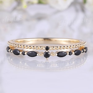 Marquise Cut Black Onyx Wedding Band 14k Solid Gold Ring Wedding Ring Stacking Matching Rings for Women Double Band Anniversary gift