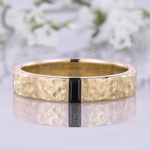 Men Wedding Ring Baguette Cut Onyx Ring 5mm Solid Gold Ring Hammered Stacking Matching Band Handmade Black Stone Anniversary Rings for Men