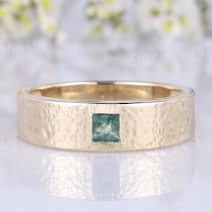 Men Wedding Ring Princess Cut Moss Agate Ring 6mm Solid Gold Ring Hammered Masculine Engagement Ring Handmade Anniversary Rings for Men