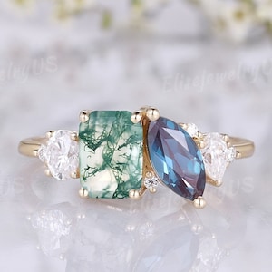Toi-et-moi-ring mosagaat verlovingsring 2 stenen dubbele stenen trouwring marquise geslepen alexandriet ring groene stenen ring moissaniet ring