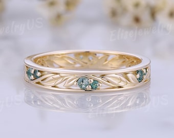 Nature Inspired Leaf Wedding Band, Unique Moss Agate Openwork Wedding Ring, Yellow Gold Promise Anniversary Gift for Her