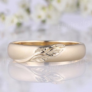 Unique Leaf Mens Wedding Band Nature Inspired Engraved Matte Wedding Band Solid Gold Stacking Matching Rings For Men Anniversary Gift