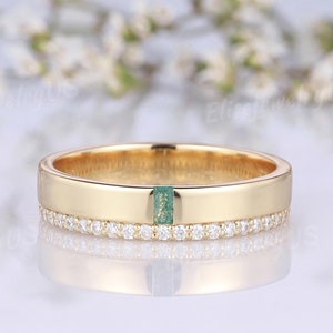 Mens Engagement Ring Baguette Cut Moss Agate Ring Diamond Pure Solid Gold Band Handmade Anniversary Rings for Men Personalized Gifts