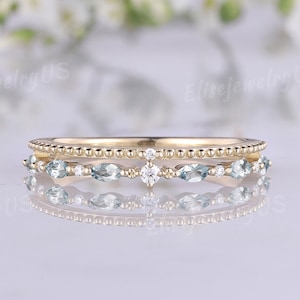 Anillo de bodas de aguamarina de corte marquesa, anillo de bodas de oro macizo de 14 k, anillo de bodas para mujer, anillo de bodas apilable único, anillo de bodas de doble banda, regalo de aniversario