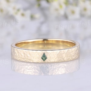 Men Wedding Ring Kite Cut Moss Agate Ring 4mm Solid Gold Ring Hammered Stacking Matching Band Promise Rings For Men Anniversary Gift