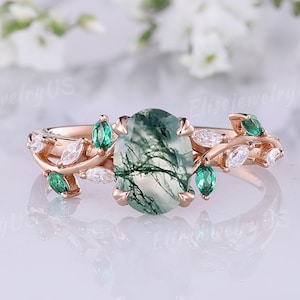 Branch Oval Moss Agate Engagement Ring Rose Gold Ring Unique Wedding Ring Nature Inspired Floral Marquise Emerald Cluster Anniversary gift