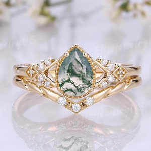 Pear Cut Moss Agate Engagement Ring Set Solid Gold Ring Art Deco Diamond Wedding Ring Set Women Diamond Wedding Band Promise Rings Set