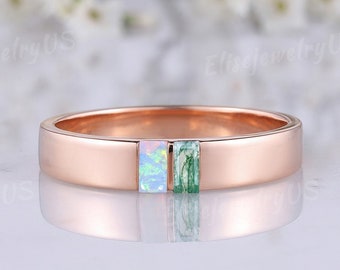 4mm Mens Opal Moss Agate Wedding Band, Two Baguette Cut Gems Ring, Comfort Fit Mens Ring, Mens Birthstone Rings For Men, Anniversary Gift