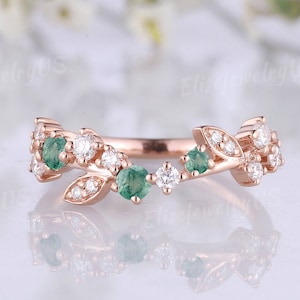 Moss agate wedding band Leaf curved wedding band unique green agate ring nature inspired leaf floral ring cluster moissanite ring for women