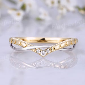 Vintage Two Tones Wedding Band Gold Ring Diamond Wedding Band Curved Wedding Band Unique Mix Metal Matching Band V shaped Anniversary Gift