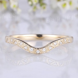 Unique Moissanite Wedding Band Women Solid Gold Ring Stacking Matching Ring Curved Wedding Band Promise Ring Personalized Jewelry