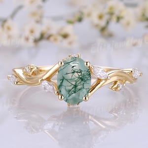 Unique Moss Agate Engagement Ring Oval Cut Natural Agate Ring Solid Gold Nature Inspired Twig Leaf Ring Green Gemstone Ring Promise Gift