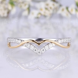 Art Deco Round Diamond Wedding Band Two Toned Double Band Promise Ring Diamond Curved Ring Stacking Matching Ring