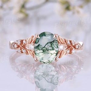 Einzigartige Moosachat Verlobungsring Oval Schnitt Natur inspiriert Blatt Rebe Ring Diamant Gold Frauen Hochzeit Band Jahrestag Versprechen Geschenk für sie