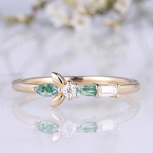 Unique Diamond Wedding Band Baguette Cut Moss agate Promise Ring Solid Gold Wedding Ring Jewelry Stacking Ring Moissanite Ring For Women