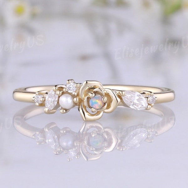 Nature inspired opal wedding band floral ring gold wedding band unique pearl diamond cluster ring flower ring anniversary gift for women
