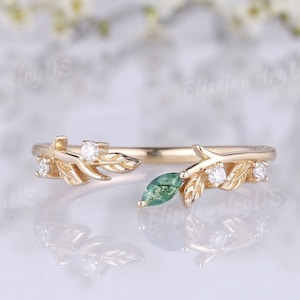 Moss Agate Wedding Band Solid Gold Ring Nature Inspired Ring leaf Wedding Band Curved Stacking Open Wedding Ring Anniversary Gift For Her