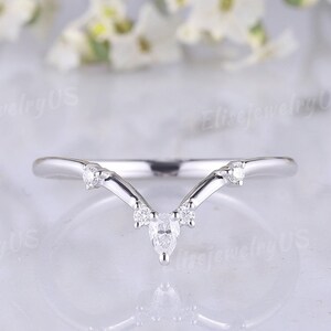 Unique Pear Moissanite Wedding Band Solid White Gold Ring Dainty Stacking Matching Rings Curved Wedding Band Promise Ring Anniversary Gift