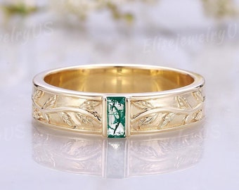 5mm Moss Agate Wedding Band, Solid Gold Leaf Men's Promise Wedding Ring, Baguette Cut Agate Ring, Handmade Anniversary Ring