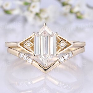 Moissanite Engagement Ring Set Unique Hexagon Cut 14k Solid Gold Ring Moissanite Wedding Rings Set Art Deco Anniversary Promise Rings