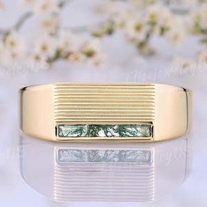 7mm Unique Mens Moss Agate Wedding Band Masculine Engagement Ring Mens Thick Thumb Ring Baguette Minimalist Statement Ring Handmade Jewelry