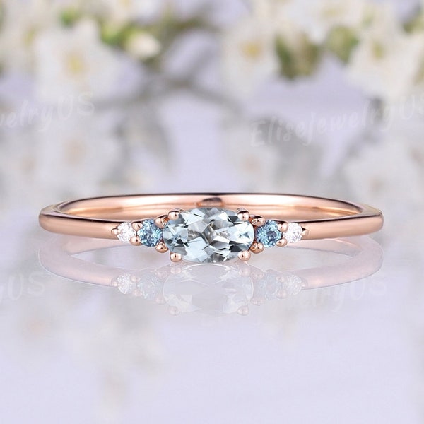 Dainty Aquamarine Wedding Band Oval Cut 14k Rose Gold Petite Wedding Ring Minimalist  Diamond Stacking Ring Anniversary Gift For Women
