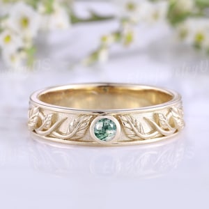 Leaf Mens Ring Moss agate wedding band Round cut solid gold Vintage Mens wedding band nature inspired floral Anniversary gift for Men