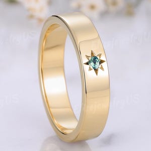 Teal Sapphire Men Wedding Band Starburst Unisex Wedding Band Solid Pure Gold Stackable Rings For Men Promise Anniversary Gift for Him