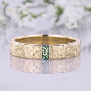 4 mm Herren-Verlobungsring, Ring aus Moosachat im Baguetteschliff, passender, gehämmert wirkender Stapelring aus massivem Gold, handgefertigte Jubiläumsringe für Herren