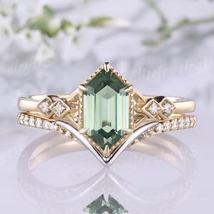 Vintage Grün Saphir Verlobungsring Set Hexagon Cut Gold Diamant Frauen Ring Zwei Toned Moissanite Wedding Bands Jubiläumsgeschenk für Sie