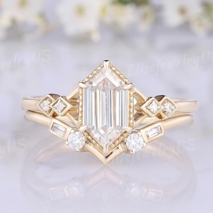 Moissanite Wedding Ring Set Hexagon Cut Engagement Rings Set Solid 14k Gold Ring Baguette Moissanite Wedding Rings Women Anniversary Gift