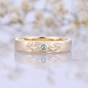 Nature Inspired Leaf Men Wedding Band Engraved Matte Moss Agate Mens Rings Gold Stacking Rings Promise Ring Personalized Gift for Him