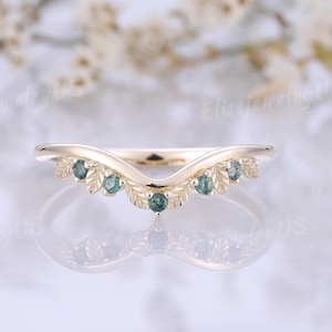 Nature Inspired Moss Agate Curved Wedding Band Delicate Leaf Gold Wedding Ring Handmade Stacking Matching Rings Personalized Gift for Her