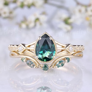 Pear Teal Sapphire Engagement Ring Set Solid Gold Rings Unique Leaf Wedding Ring Set Moss Agate Band Art Deco Anniversary Gift for Her