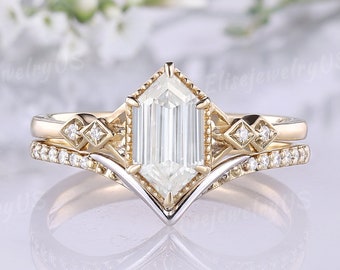 Hexagon Cut Moissanite Engagement Ring Set Unique  14k Gold Ring Moissanite Wedding Rings Women wo Tone Wedding Rings Set Anniversary Gift