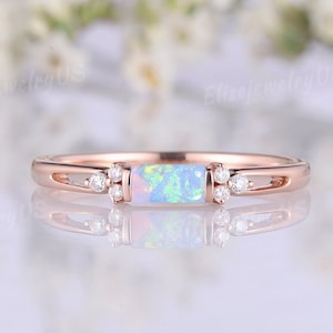 Opal Wedding Band Baguette Cut 14k Rose Gold Unique Wedding Ring Minimalist Stacking Rings Gemstone Nature Inspired Jewelry Anniversary gift