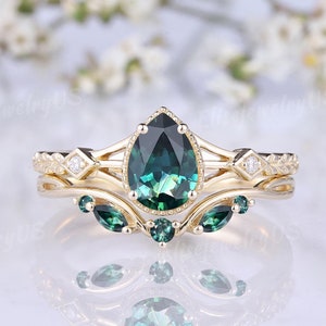 Pear Teal Sapphire Engagement Ring Set Solid Gold Rings Unique Blue Green Sapphire Wedding Ring Set Teal Sapphire Band Personalized Gift