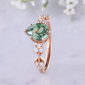 Unique Green Sapphire engagement ring Pear Shaped Art Deco Moissanite cluster ring women vintage diamond wedding anniversary gift for her