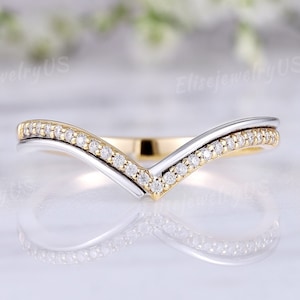 Vintage Diamond Wedding Band Gold Ring Double Wedding Band Moissanite Wedding Band Unique Curved V Shape Stacking Matching Band Gift for Her