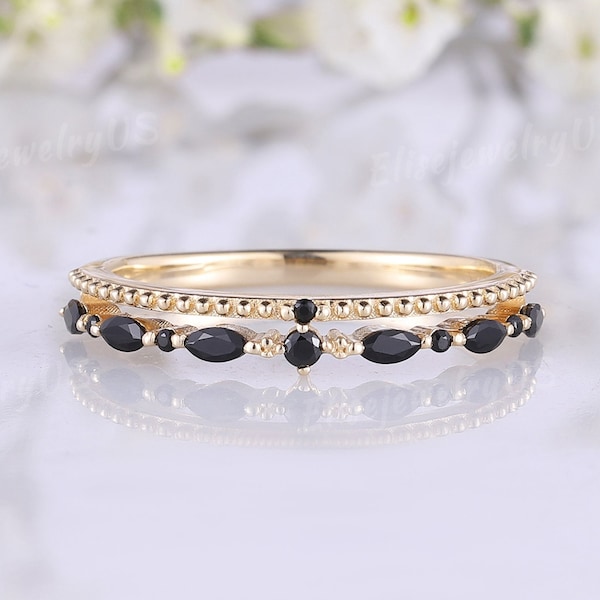 Marquise Cut Black Onyx Wedding Band 14k Solid Gold Ring Wedding Ring Stacking Matching Rings for Women Double Band Anniversary gift